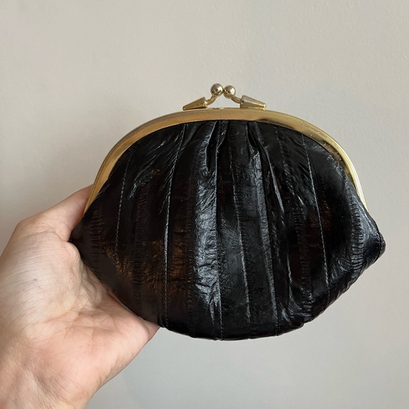 Vintage 80s 100 % Eel Skin Black Double Coin Pouch - Picture 1 of 6